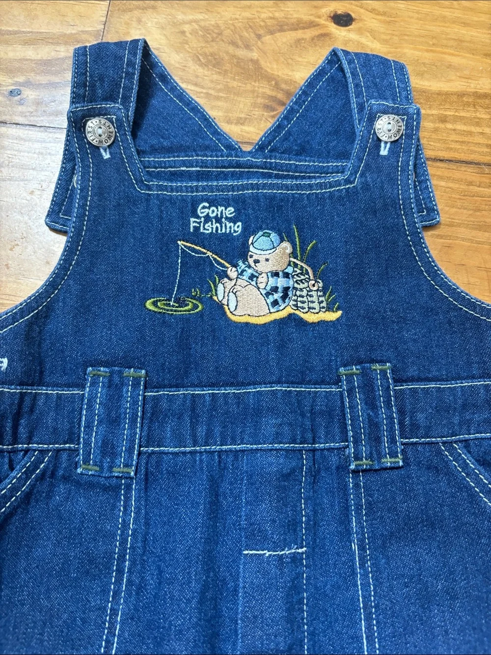 First Moments Size 3-6 Months Gone Fishing 100% Cotton Denim Overalls